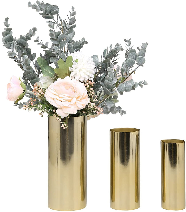 Set of 3, Tall Brass Tone Metal Cylinder Flower Vases-MyGift