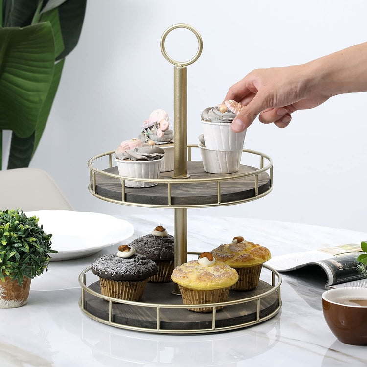 Gray Wood and Matte Black Metal Tabletop Cupcake Holder Server, 2 Tier Dessert Display Riser Stand-MyGift