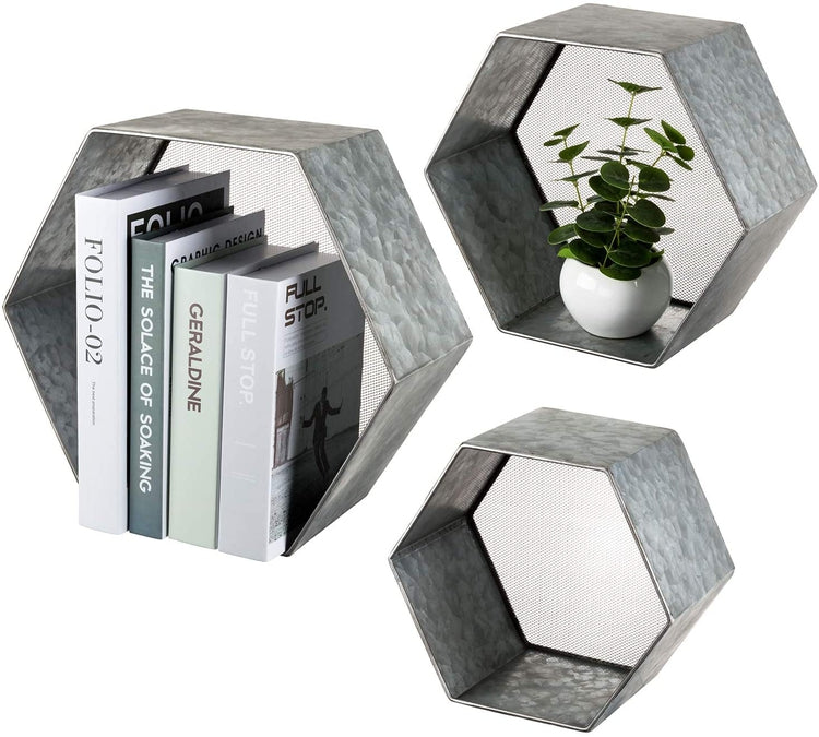 Set of 3, Wall Mounted Hexagon Design Galvanized Silver Metal Floating Shelves with Mesh Backing-MyGift