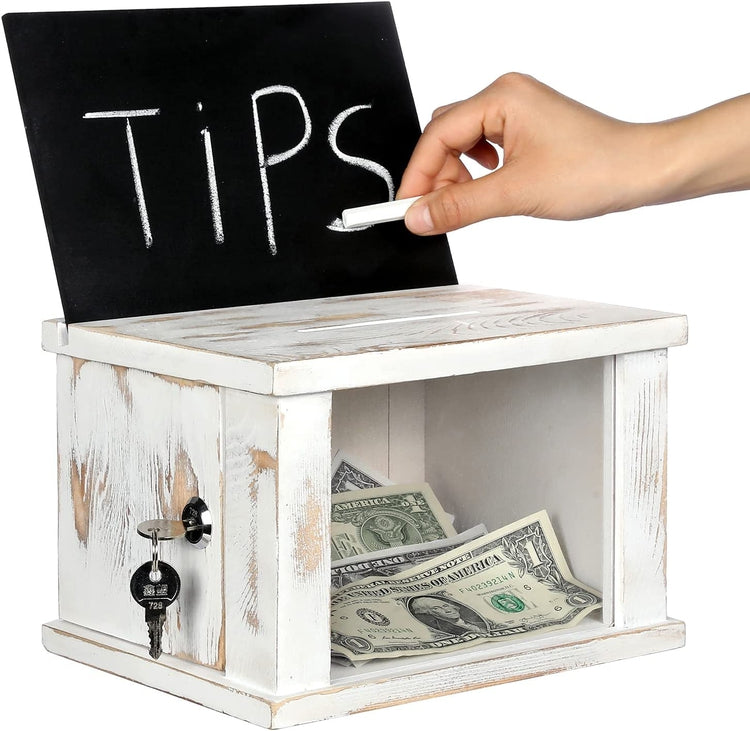 Whitewashed Wood Lockable Donations Box, Suggestion Box with Removable Chalkboard and Acrylic Sign Holder-MyGift