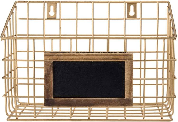 Set of 3 Contemporary Gold Metal Wire Wall Mounted Storage Baskets with Chalkboard Labels-MyGift