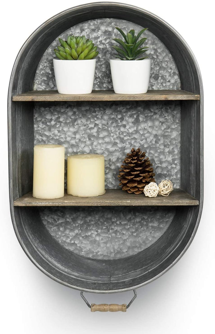 Galvanized Metal Tub Wall Mounted Wooden Display Shelves-MyGift