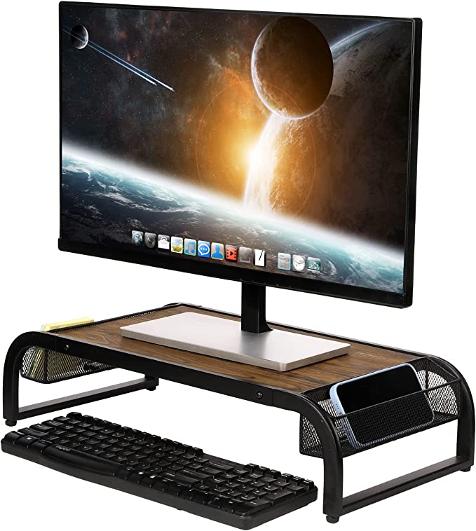 Burnt Brown Wood and Black Metal Computer Monitor Riser with Mesh Storage Baskets for Office Supplies-MyGift