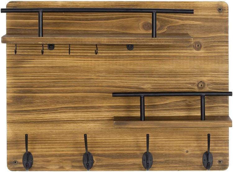 Burnt Wood Entryway Wall Organizer Rack with Mail Holder, Key Hooks, Coat Hooks, and Display Shelves with Metal Rails-MyGift