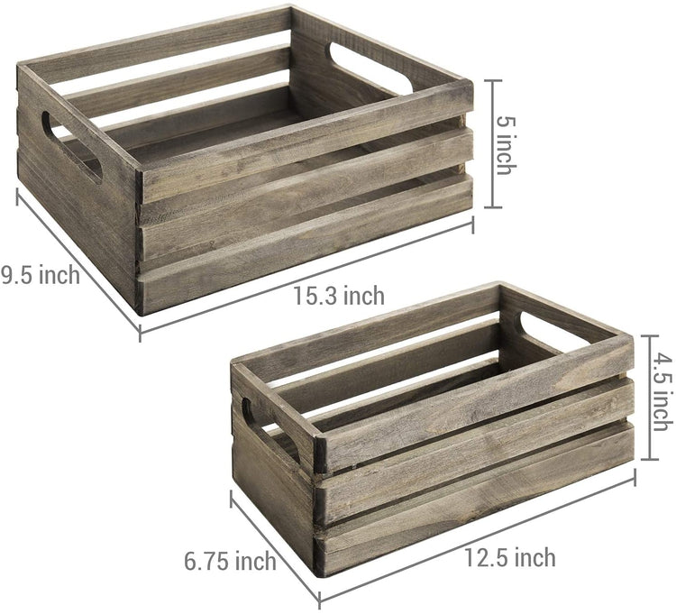 Set of 2, Distressed Brown Wood Nesting Boxes, Storage Crates with Handles-MyGift