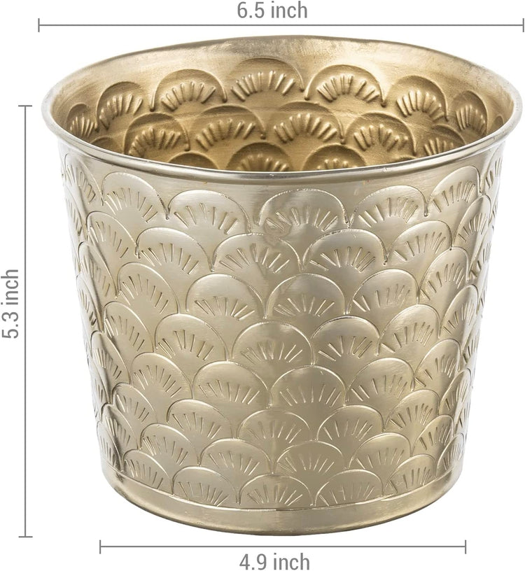 6.5 Inch Brass Tone Metal Tapered Plant Pot with Embossed Ginkgo Leaves Pattern, Planter with Art Deco Design-MyGift