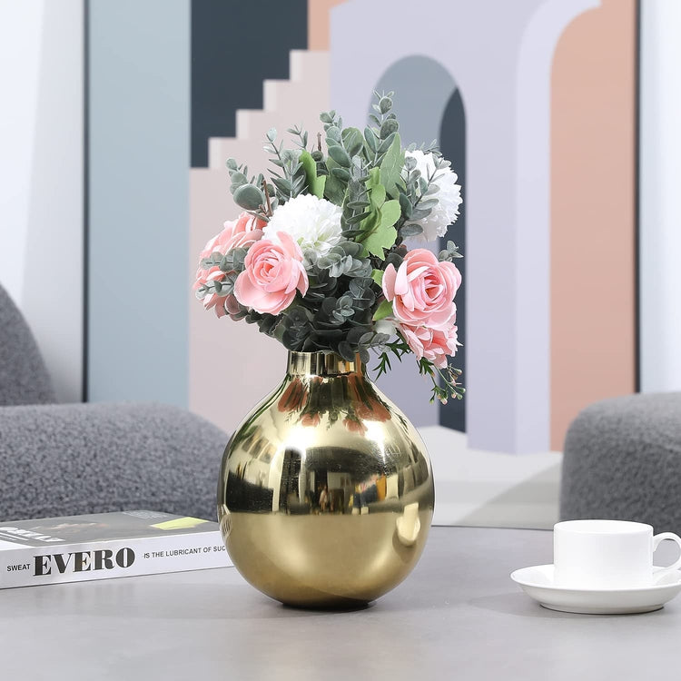 Brass Plated Decorative Tabletop Round Bulb Design Flower Vase-MyGift