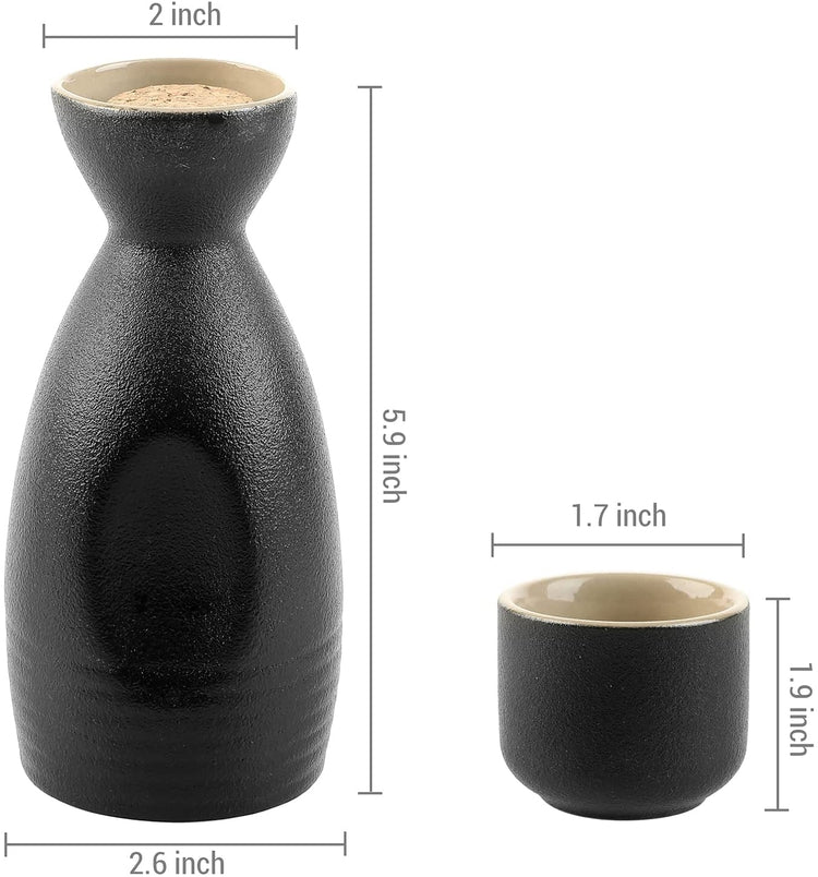 5 Piece Japanese Style Matte Black and Tan Ceramic Sake Set, Includes Carafe and 4 Glasses-MyGift
