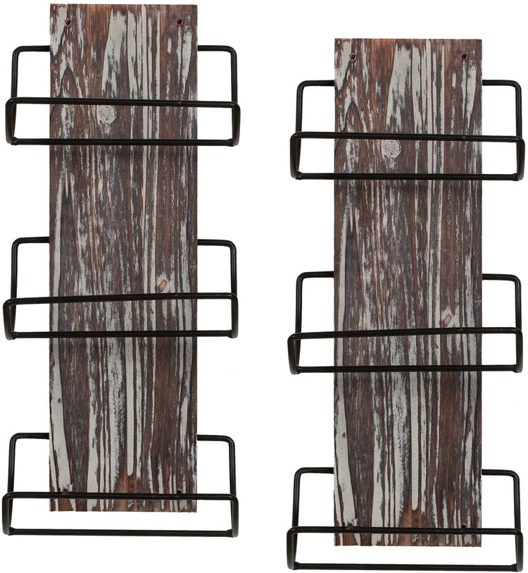 Set of 2, 3-Tiered Rolled Hand and Bath Towel Rack Wall Mounted Torched Wood and Matte Black Metal Wire-MyGift