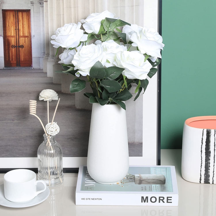 Artificial White Rose Bouquet Arrangement with Vase, Centerpiece Faux Flowers with Matte Ceramic Vase-MyGift