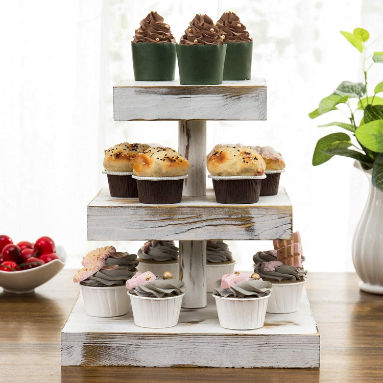3-Tier, 12-Inch Whitewashed Wood Cupcake Desserts Stand, Appetizer Display Riser-MyGift