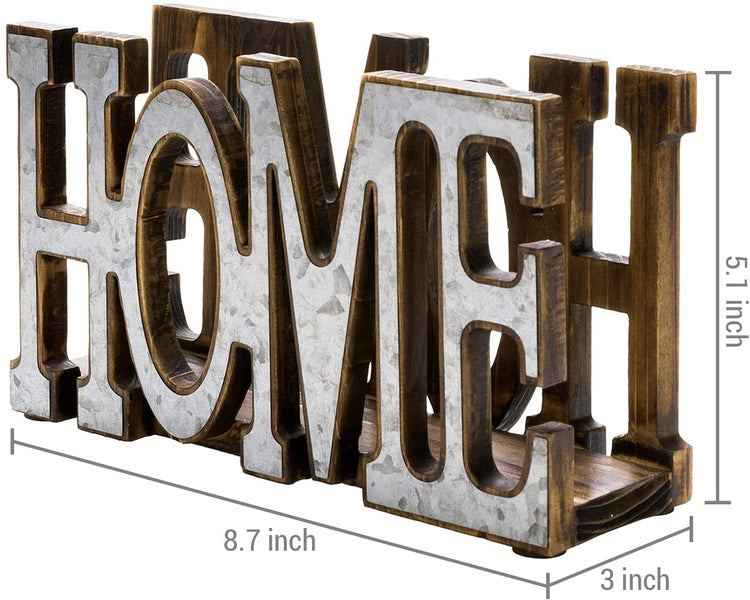 Burnt Wood and Galvanized Metal "HOME" Stenciled Vertical Tabletop Napkin Holder-MyGift