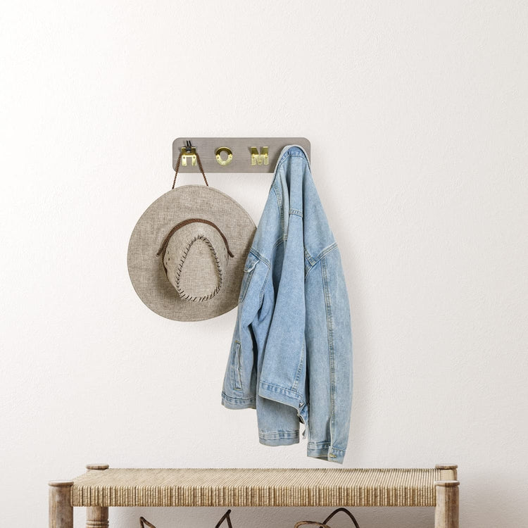 Gray Wood and Brass Tone Metal Wall Mounted Entryway Coat Hanger Garment Holder with HOME Letter Sign-MyGift