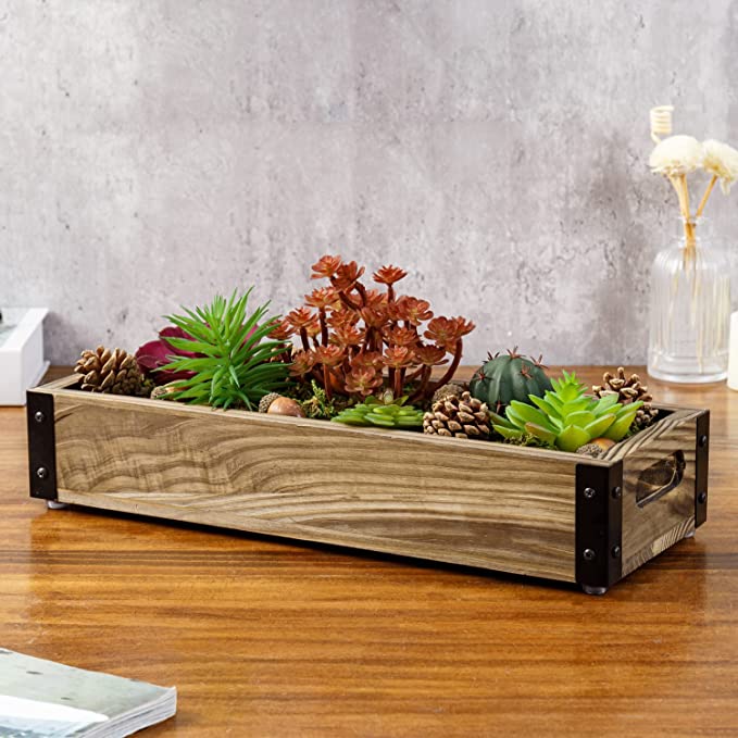 Brown Wood & Black Metal Tabletop Window Box Planter with Cutout Handles, Includes Artificial Succulents, Pine Cones, Acorns, and Moss-MyGift