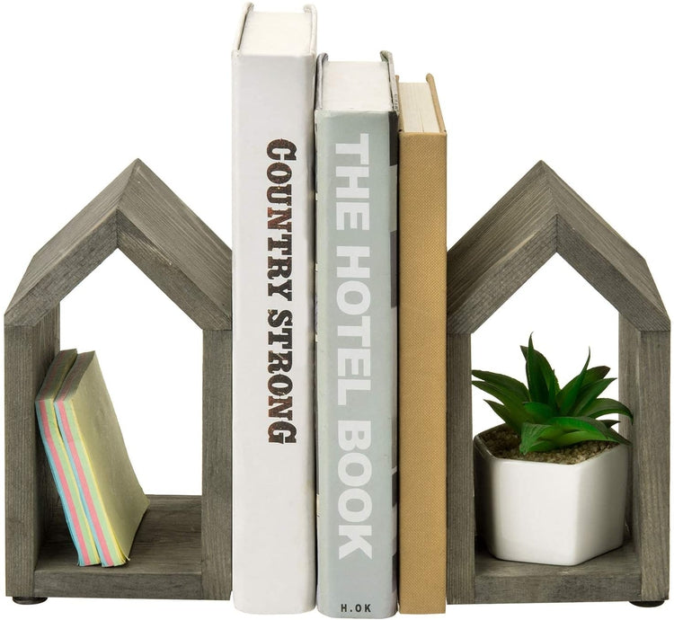 Set of 2 Vintage Gray Wood Open Design House Shaped Book Ends-MyGift