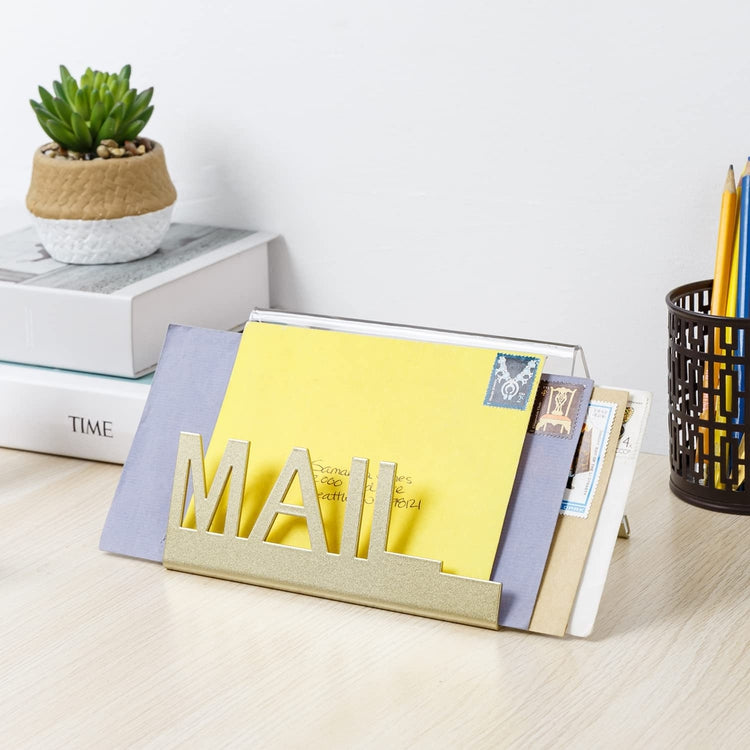 Deluxe Modern Clear Acrylic Mail Sorter Letter Holder with Decorative Brass Tone Metal Base-MyGift