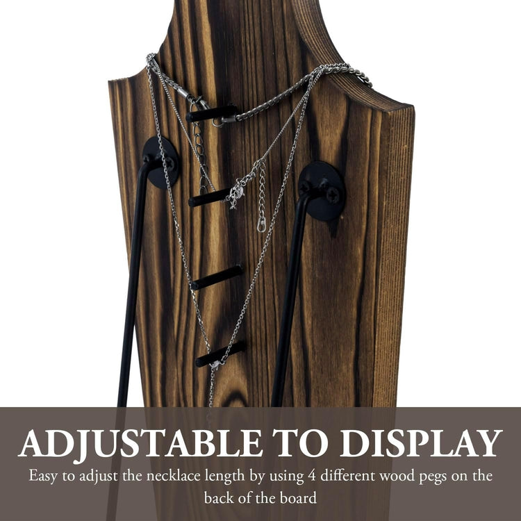 Burnt Wood Necklace Holder with Black Metal Wire Stand, Tabletop Neckline Cutout Jewelry Rack-MyGift