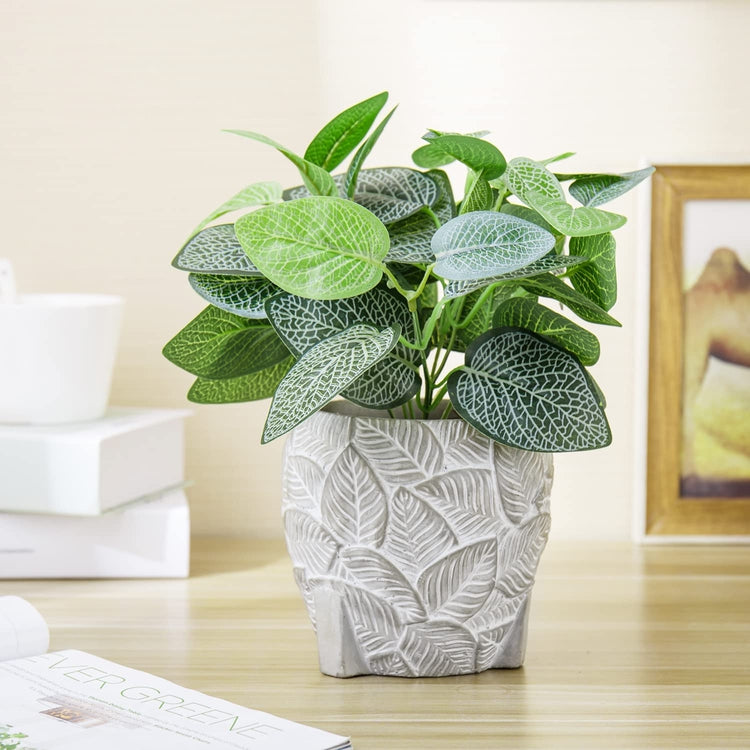 Indoor Artificial Plant, Fake House Plants in Decorative Embossed Leaf Pattern Planter Pot-MyGift
