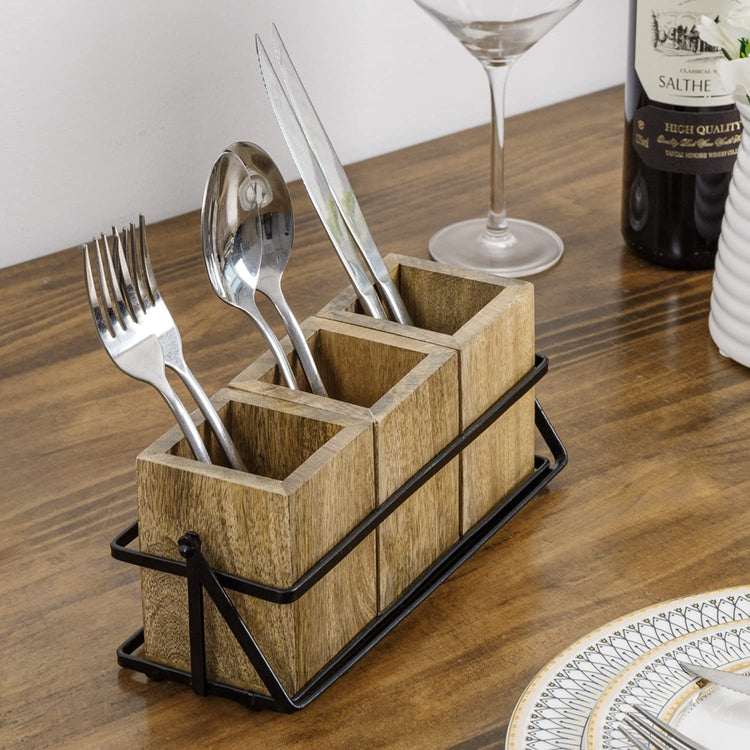 Mango Wood Flatware Holder with Black Metal Wire Tray, Kitchen Countertop Dining Utensil Caddy-MyGift