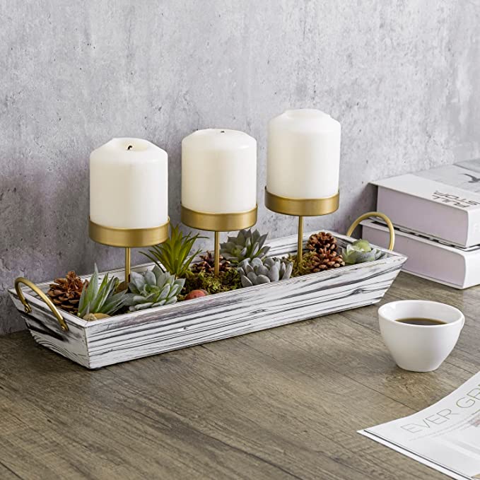 3-Pillar Candle Holder Centerpiece, Tabletop Candleholder with Artificial Succulent Plants-MyGift