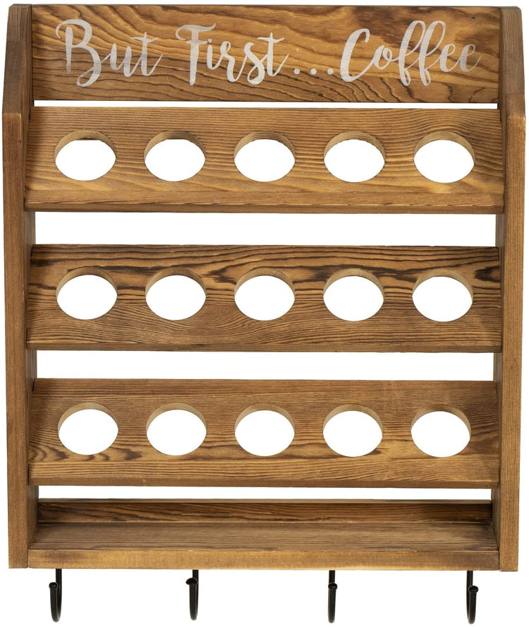 Wall Mounted Coffee Bar Organizer, Burnt Wood Coffee Pods Holder Storage Rack with Mug Hooks and But First...Coffee Sign-MyGift