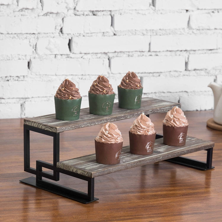 2-Tier Torched Wood and Metal Dessert Display Riser-MyGift