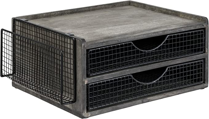 Weathered Gray Wood Desktop File Organizer Paper Tray with Black Metal Mesh Drawers & Side Mail Holder Basket-MyGift
