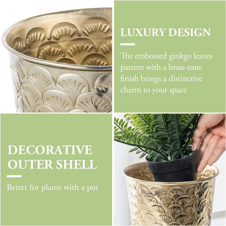 6.5 Inch Brass Tone Metal Tapered Plant Pot with Embossed Ginkgo Leaves Pattern, Planter with Art Deco Design-MyGift