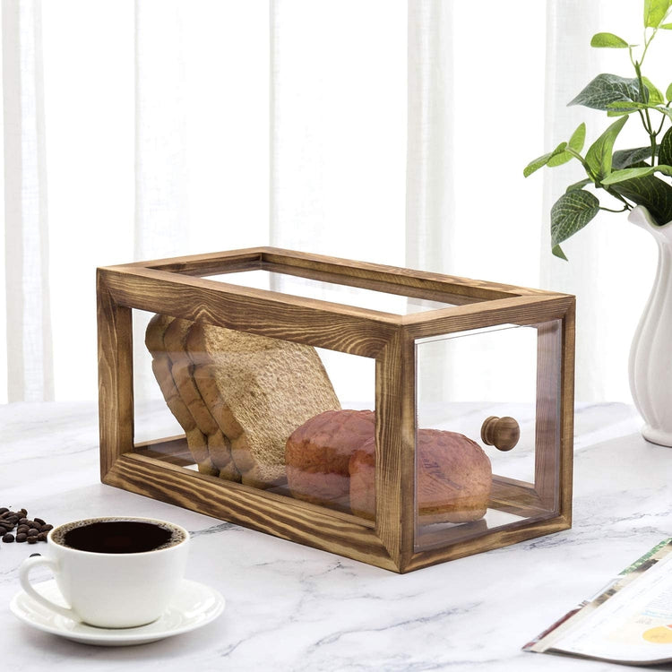 13-inch Clear Acrylic Bread Storage Box with Brown Burnt Wood Frame-MyGift