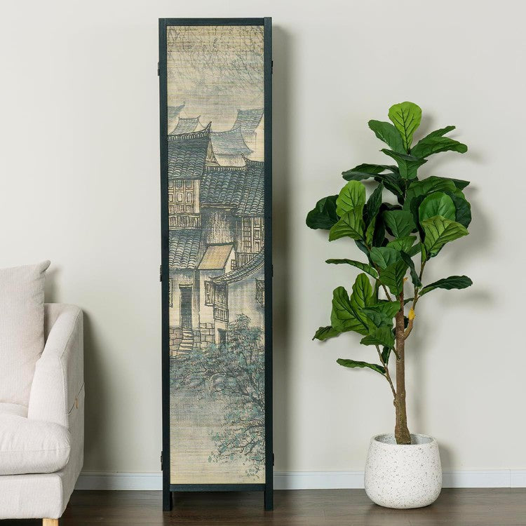 Paneled Freestanding Bamboo Room Divider Privacy Partition with Dual-Sided Asian Village Print Black Wood Folding Screen-MyGift