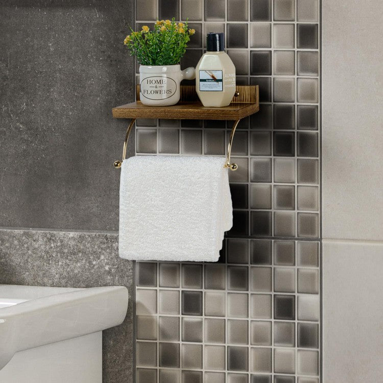 Wall Mounted Brass Metal and Brown Wood Hand Towel Rack, Hanging Towel Holder-MyGift