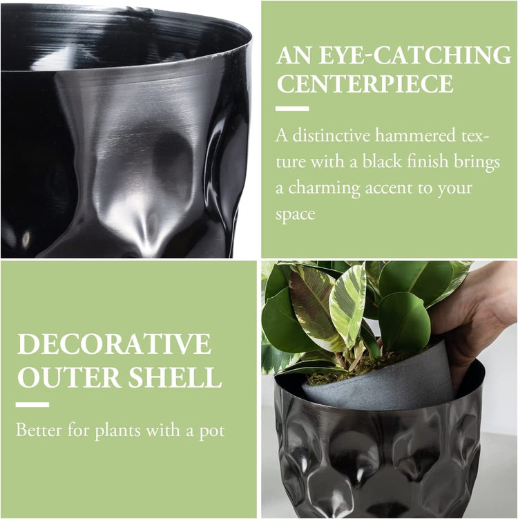 7 Inch Hammered Black Metal Flower Planter Pot with Gold Decorative Riser, Plant Pot with Display Stand-MyGift