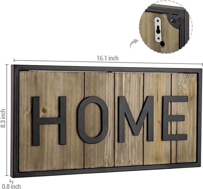 Hanging Entryway Décor, Home Cutout Lettering Sign Weathered Brown Wood and Matte Black Metal-MyGift