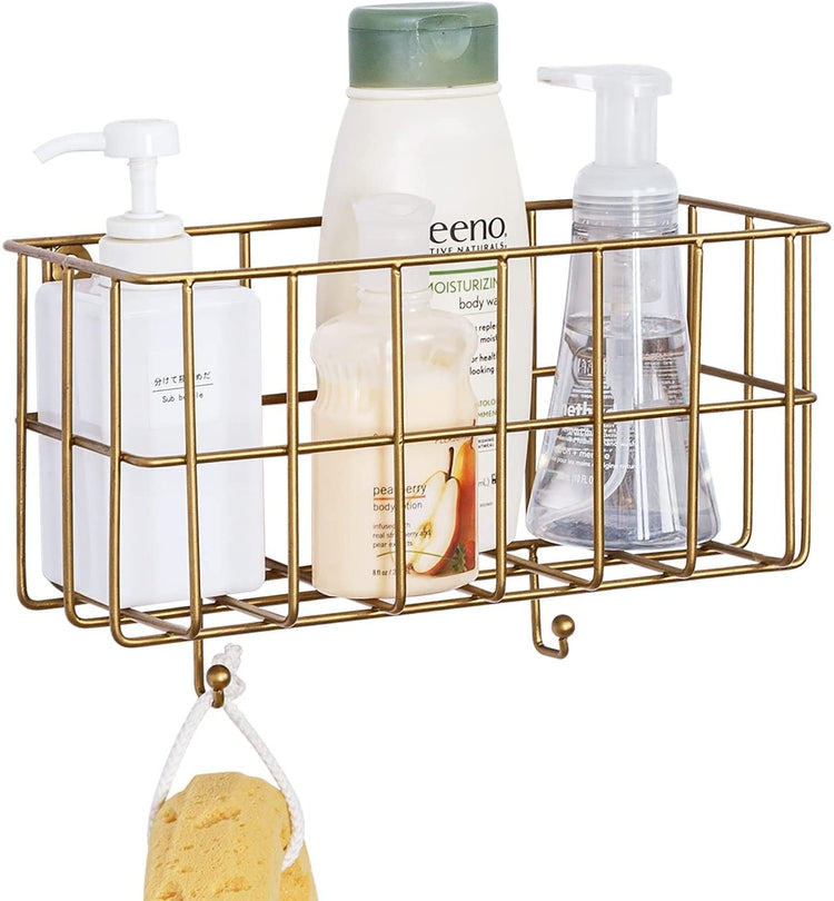 Antique Brass Tone Metal Wire Bathroom Shower Caddy Wall Mounted Storage Rack Shelf Baskets-MyGift