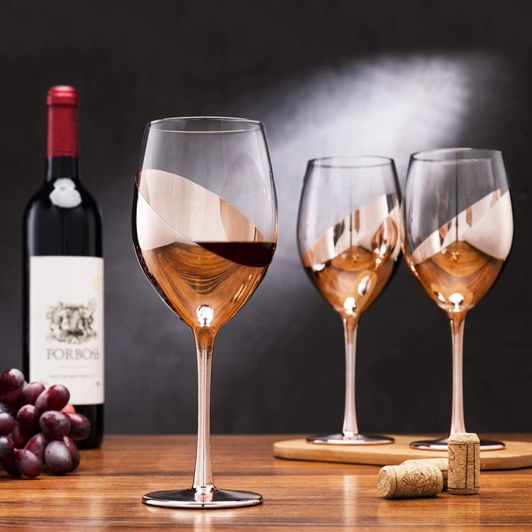 Set of 6, 14 oz Copper-Toned Stemmed Wine Glasses with Tilted Design-MyGift