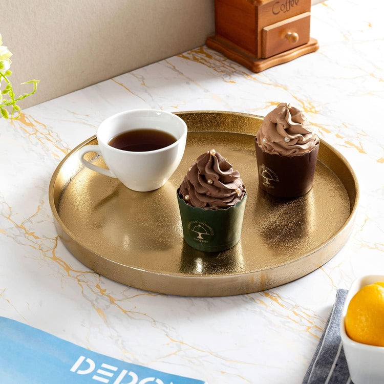 Gold Tone Cast Aluminum Round Serving Tray, Decorative Tabletop Centerpiece Base-MyGift