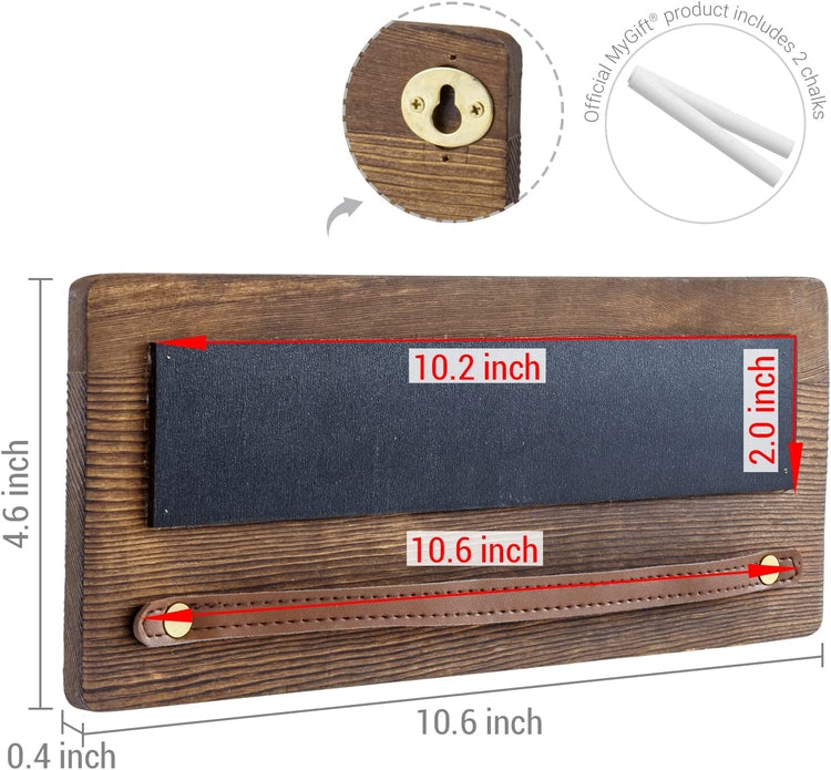 Burnt Wood Wall Mounted Chalkboard and Sunglasses Holder Rack with Brown Leatherette Hanging Rail-MyGift