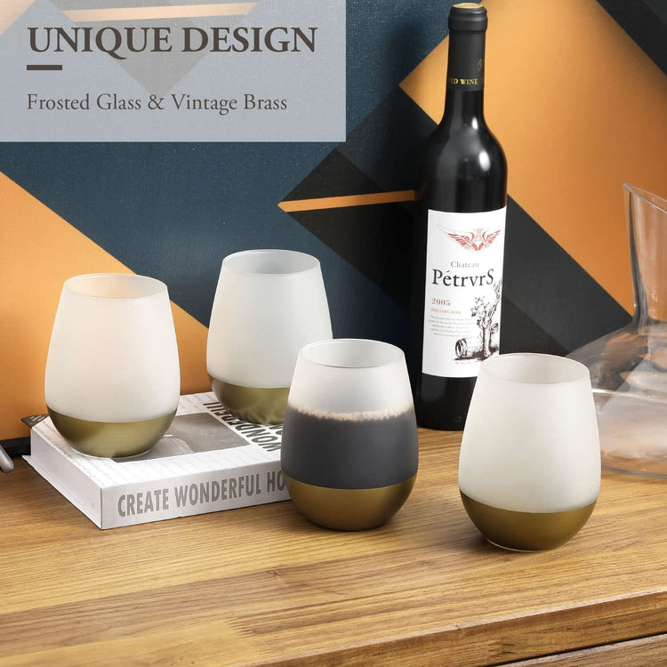 Set of 4, Stemless Wine Glasses with Frosted Glass and Brass Bottom Accent-MyGift