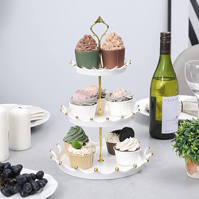 3-Tier Cupcake Stand Holder Serving Platter for Party Wedding, Splash Design White and Brass Ceramic Dessert Riser Display Tower-MyGift