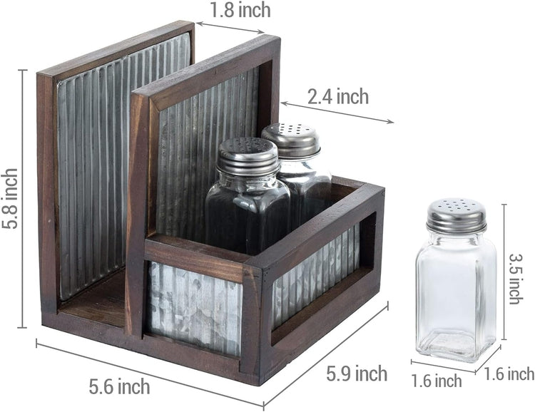 Farmhouse Brown Napkin Holder Spice Rack Combo Set, Napkin Rack with 3 Shakers for Salt Pepper Seasonings-MyGift