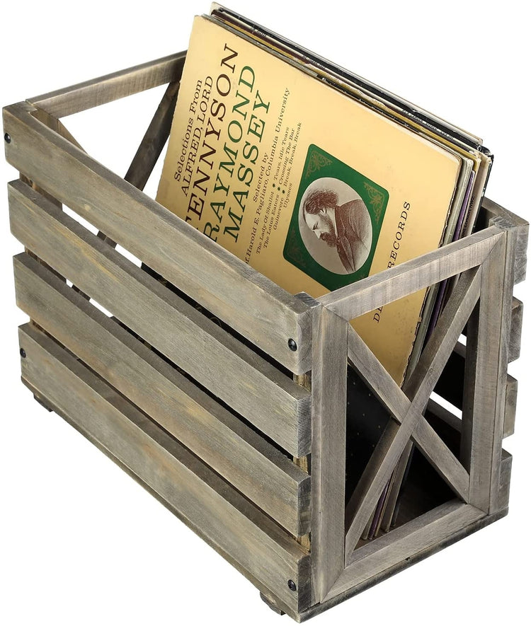 Gray Wood Vinyl Album Record Holder Rustic Crate Style Bin, Fits up to 12-inch Records-MyGift