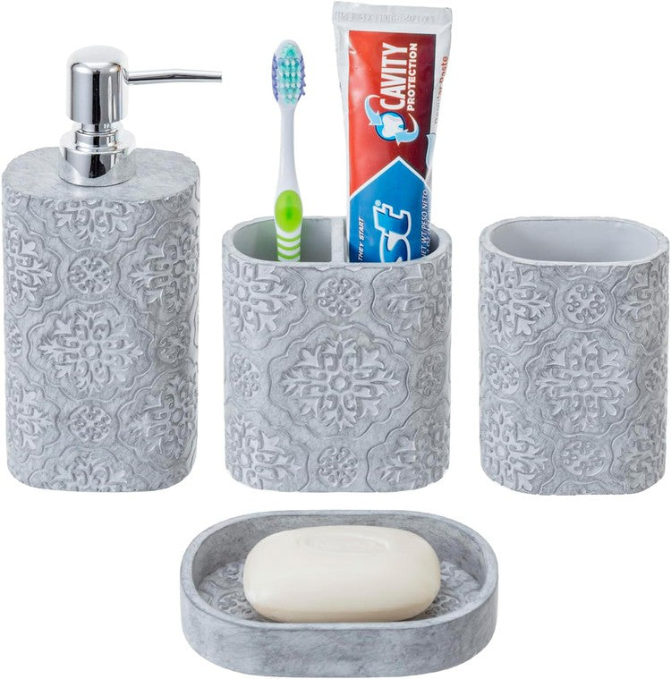 Etched Flower Gray Resin Vanity Set with Liquid Soap or Lotion Dispenser, Toothbrush Holder, Tumbler Cup and Soap Dish-MyGift