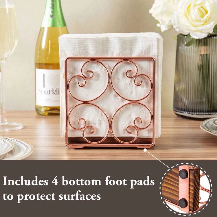 Copper Tone Metal Wire Napkin Holder with Burnt Wood Base, Upright Serviette Dispenser Rack with Scrollwork Design-MyGift