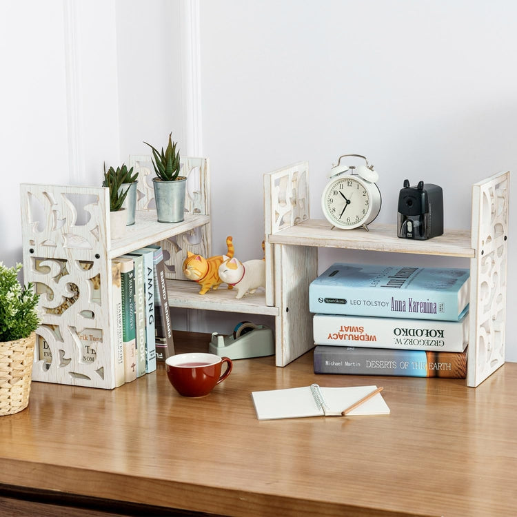 White Washed Solid Wood Adjustable Desktop Shelf, Desk Storage Organizer Shelving Rack, 3 Piece Set-MyGift
