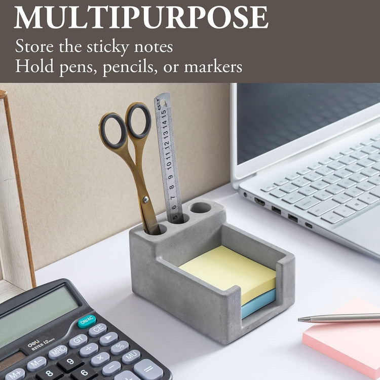 Desktop Gray Concrete Sticky Note Holder with 3 Pen Slots, Memo Pads Organizer-MyGift