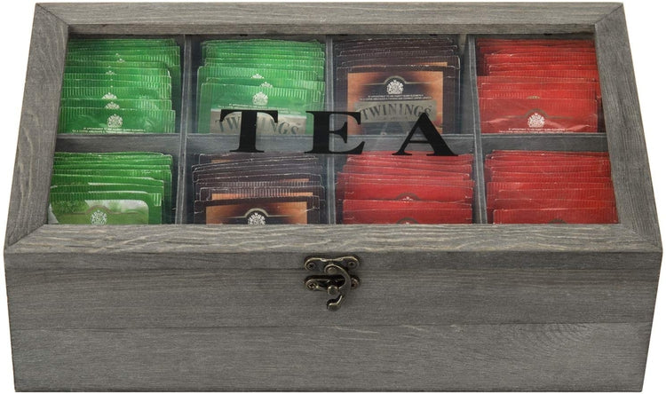 8 Compartment Gray Wood Tea Bag Storage Box Chest with Clear Acrylic L ...