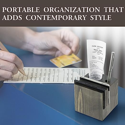 Set of 4, Gray Wood Restaurant, Bar Check Block with Pen and Credit Card Slots, Bill and Receipt Holder Organizer-MyGift