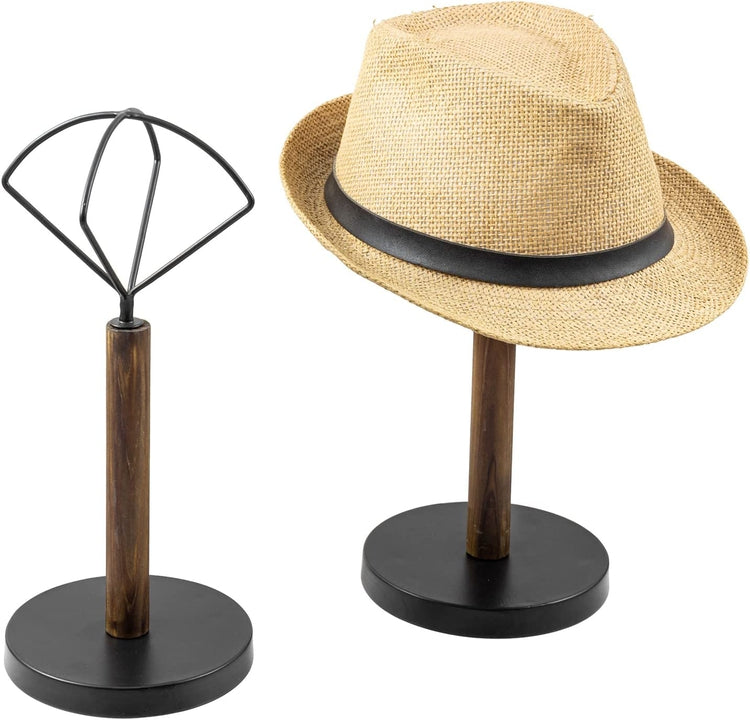 Set of 2, Burnt Wood and Geometric Black Metal Wire Hat Stand, Tabletop Wig Holder Retail Display Vanity Storage Rack-MyGift