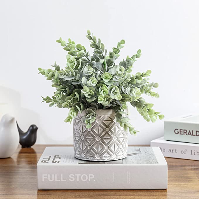 Artificial Plants in Concrete Pot Fake Potted Plants for Home Living Room Office Décor, Artificial Potted Eucalyptus Boxwood Plant Faux Greenery-MyGift