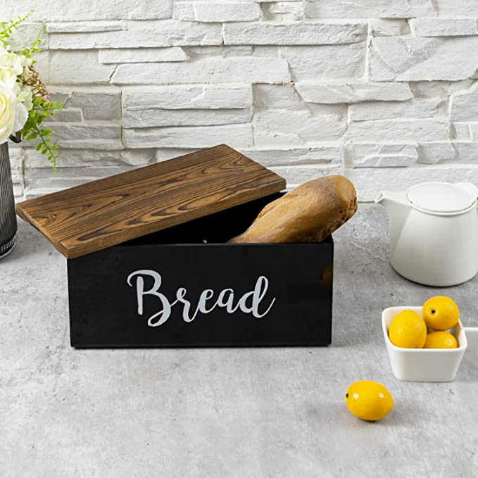 Black Acrylic Bread Box with Burnt Wood Lid, Countertop Pastry Storage Container with Cursive BREAD Label-MyGift